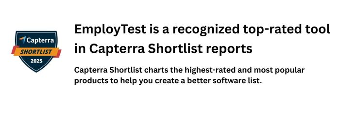 EmployTest Capterra award badge and customer review. EmployTest Capterra award badge and customer review.