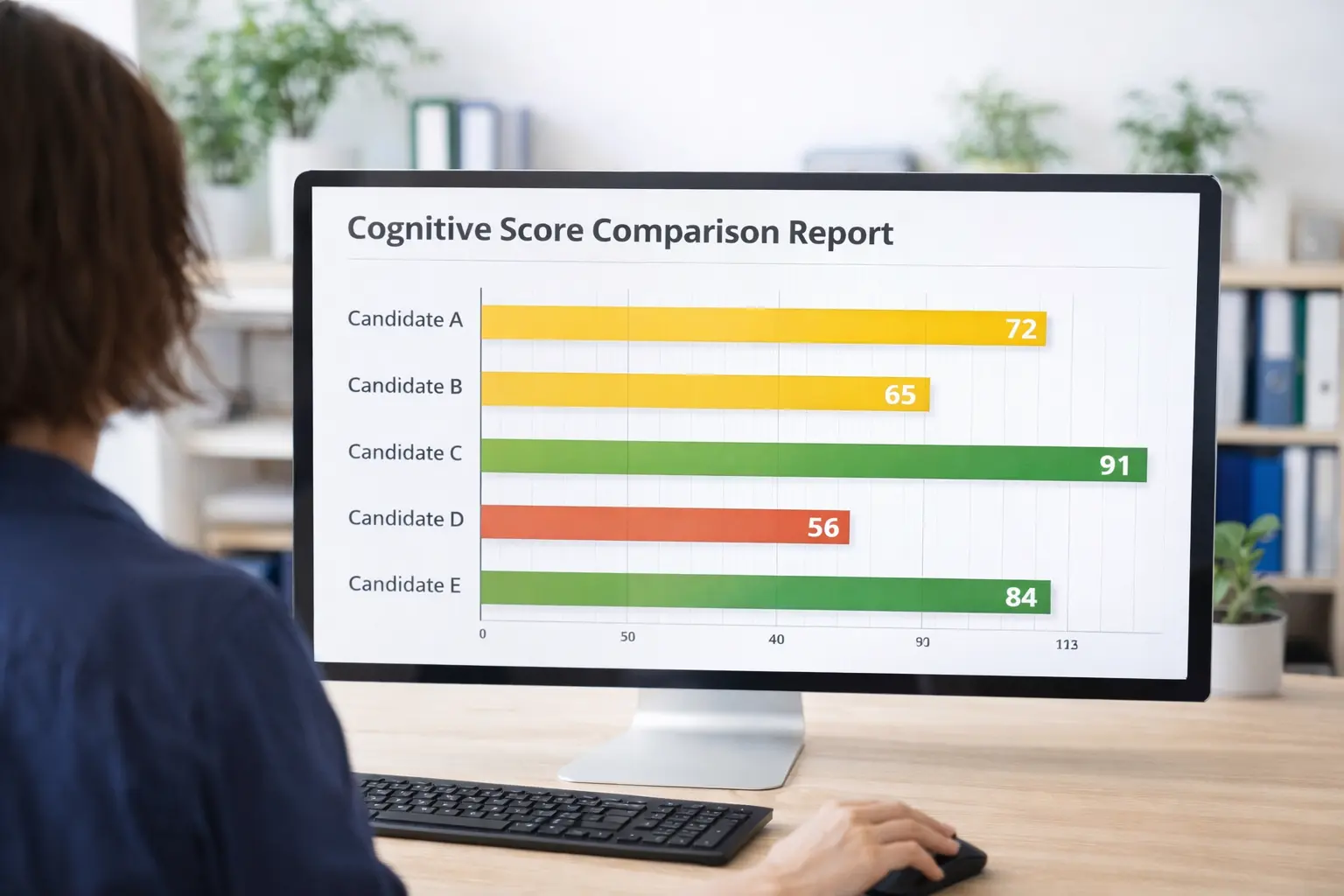 Reviewing Cognitive Score Comparison Report HR professional reviewing multiple candidate profiles and comparison scores on a computer screen during pre-employment screening.