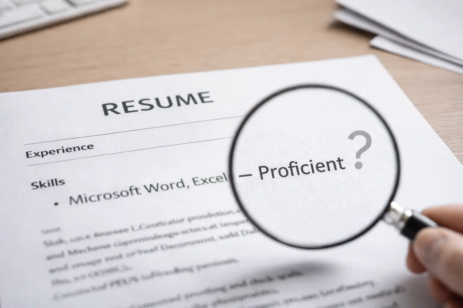 Resume Skills Under Scrutiny Resume listing proficient in Microsoft Excel and Word under skills section.