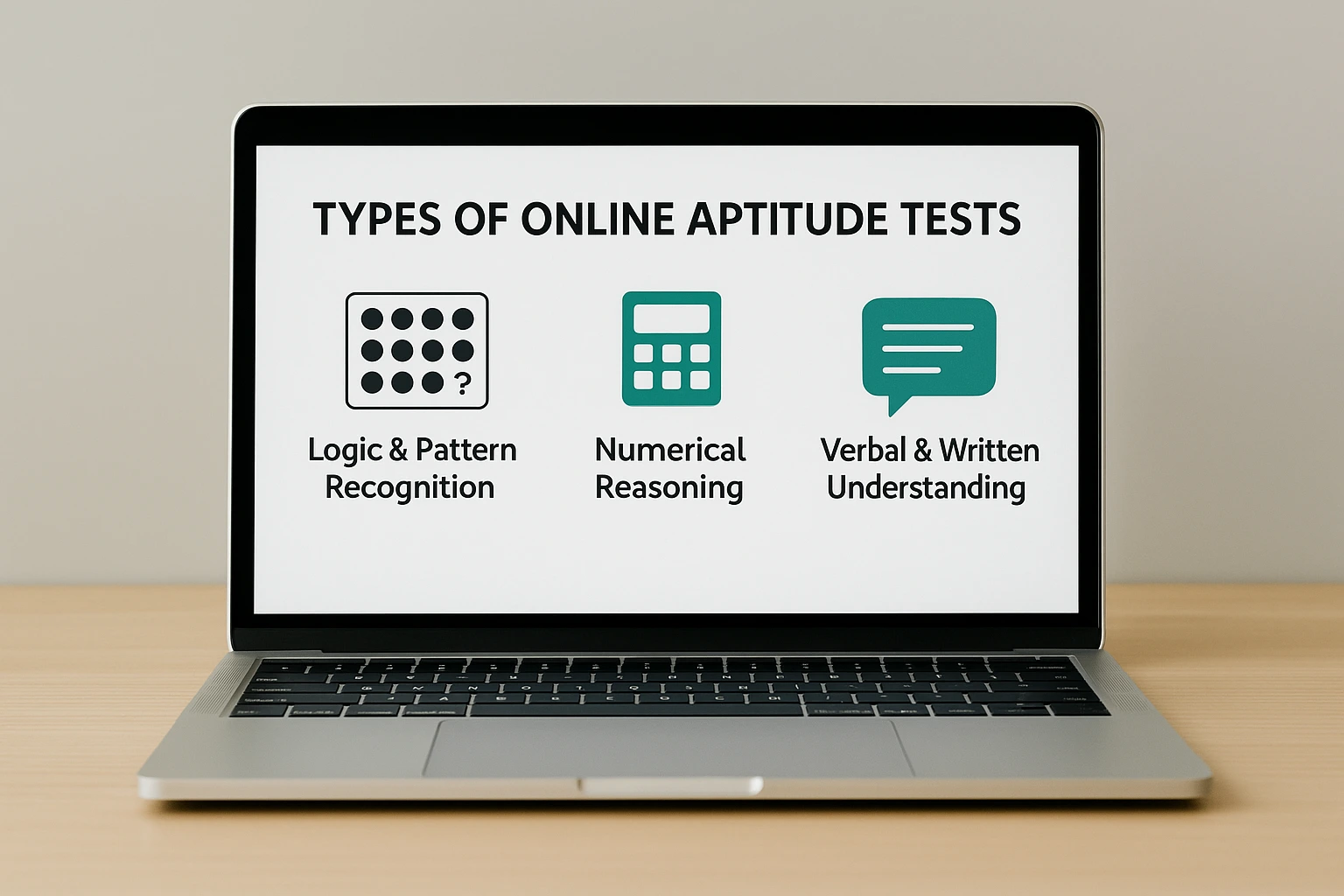 Types Of Online Aptitude Tests Laptop screen displaying the three types of online aptitude tests with icons: Logic and Pattern Recognition, Numerical Reasoning, and Verbal and Written Understanding.